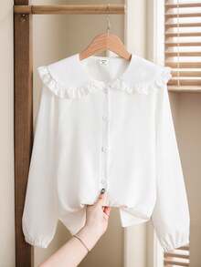 SHEIN 少女荷叶边领白色长袖衬衫 - 白色 - 查看 3