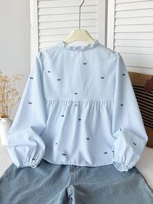 SHEIN 兒童青少年女孩休閒日常舒適寬鬆荷葉領上衣 - 藍色 - 查看 2