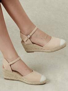 Styleloop Sandalias de tacón alto para mujer con tiras cruzadas de goma y cuerda de paja - Albaricoque - Ver 2