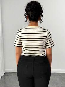 SHEIN LUNE CURVE Plus Size Women's Elastic Basic V-Neck Striped Ruched Waist Bodysuit, Black And White Short Sleeve Base Layer Bodysuit - Black and White - View 2