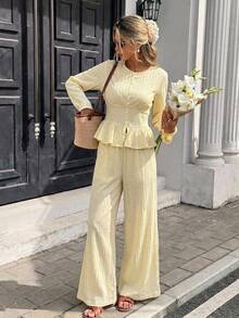 Serisse Women's Elegant Romantic Pale Yellow Pleated Ruffles Long Sleeve Top And Pants Casual Daily 2 Pieces Set Afternoon Tea Back To School Work - Light Yellow - View 5