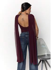 Dania Mndz Shop Elegant Burgundy Round Neck Ribbon Fitted Bodysuit For Women,Autumn Night Out Base Layer,Perfect For Cocktail Party,Formal Occasions& Dates Summer - Burgundy - View 2