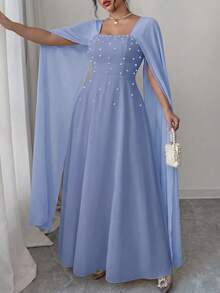 Elenzga Plus Size Women's Pale Yellow Cape Sleeve Evening Dress, Square Neck Waist-Cinching Beaded Chiffon Dress, Suitable For Wedding Guests, Mature Dating, Formal Occasions, Gentle Pale Yellow With Ethereal Atmosphere, Cape Sleeve Design Conceals Arms And Looks Elegant, Beaded Accents Exquisite And Luxurious, High Waist A-Line Full Skirt Conceals Body And Slims, Easily Create A Gentle And Noble Look - Blue - View 3