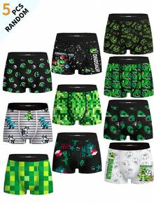 (Random 5pcs) Boys Teen Football Game Machine Universe Cool Full Print Retro Street Fashion Soft Comfortable Boxer Briefs - Multicolor - View 1