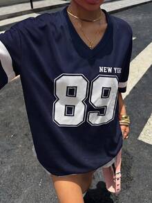 SHEIN 青少年女孩夏季休閒數位印花T恤 - 藏蓝色 - 查看 6
