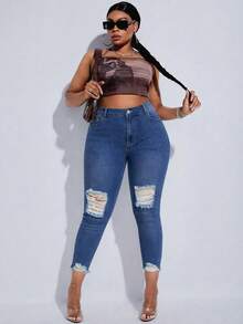 Slaydiva Celana Jeans Slim Fit Kasual Ukuran Besar dengan Efek Lusuh dan Pudar - Medium Wash - View 4