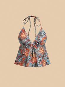 Travachic Women's Summer Beach Sun Face Print Halter Tankini Set - Multicolor - View 7