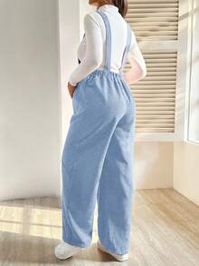 SHEIN 孕婦純色休閒日常穿著吊帶長褲 秋季 - 淺藍色 - 查看 2