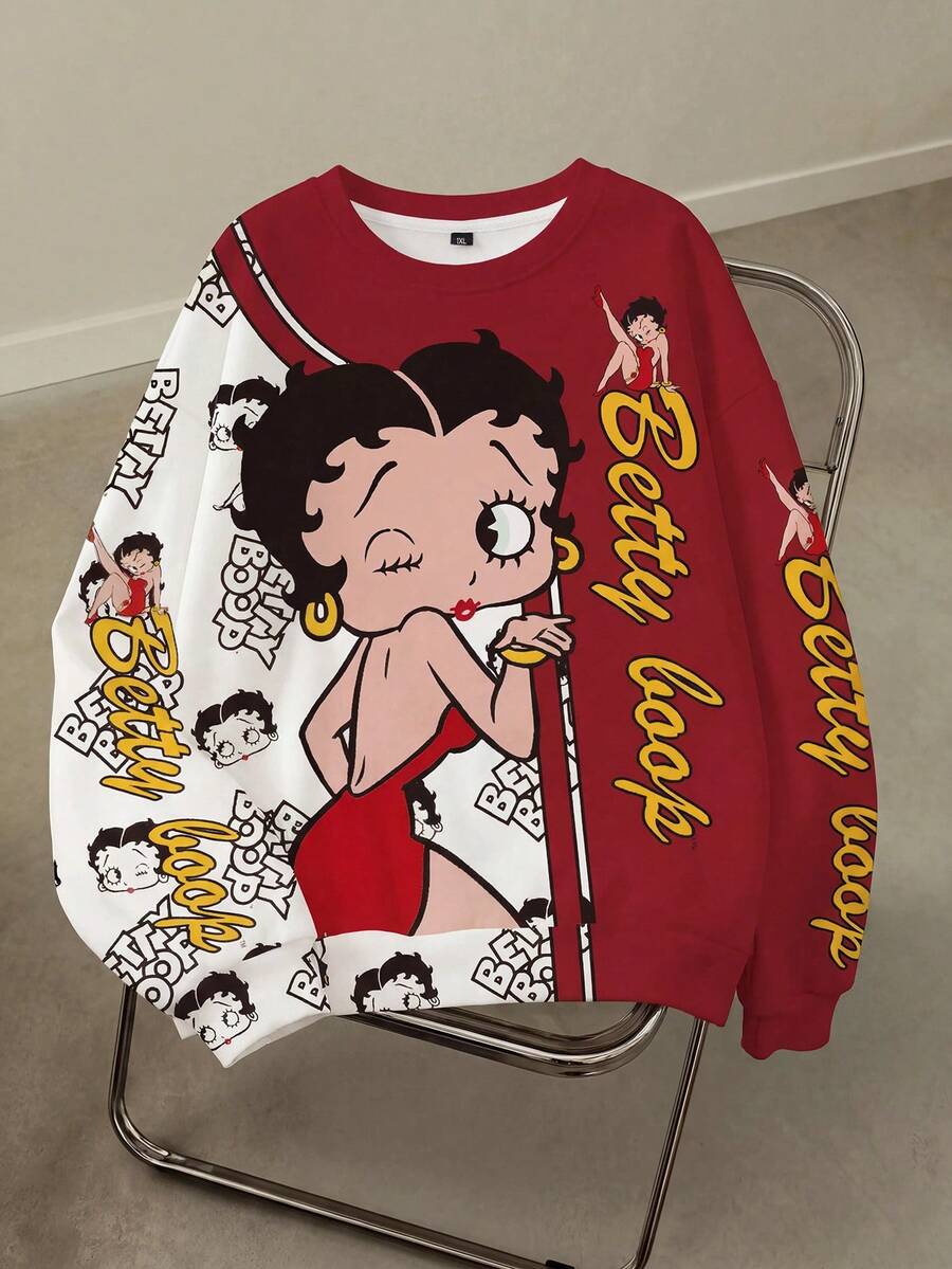 Betty Boop x SHEIN 大尺碼卡通圖案字母印花圓領長袖衛衣 - 白色 - 查看 1