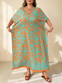 SHEIN CURVE+ Plus Size Women's Printed Loose Fit Versatile Casual Boho Vacation Beach Short-Sleeve Dress Orange Summer - Multicolor - View 8