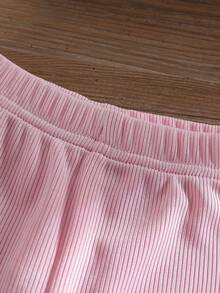 SHEIN Playful Pals 2件組女嬰春秋米色與粉色甜美溫柔風 3D針織蝴蝶結滿版印花圓領長袖上衣與直條紋修身長褲套裝，寬鬆舒適，適合日常穿著、戶外玩耍、家庭聚會、1歲生日派對、拍照 - 粉色 - 查看 5