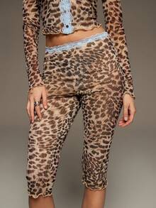 BAD SUNDAY Women's Leopard Print Color Block Lace Trim Deep V-Neck 2 Pieces Set, Sexy Y2K Vintage Base Layer, Suitable For All Seasons Autumn/Winter - Multicolor - View 6