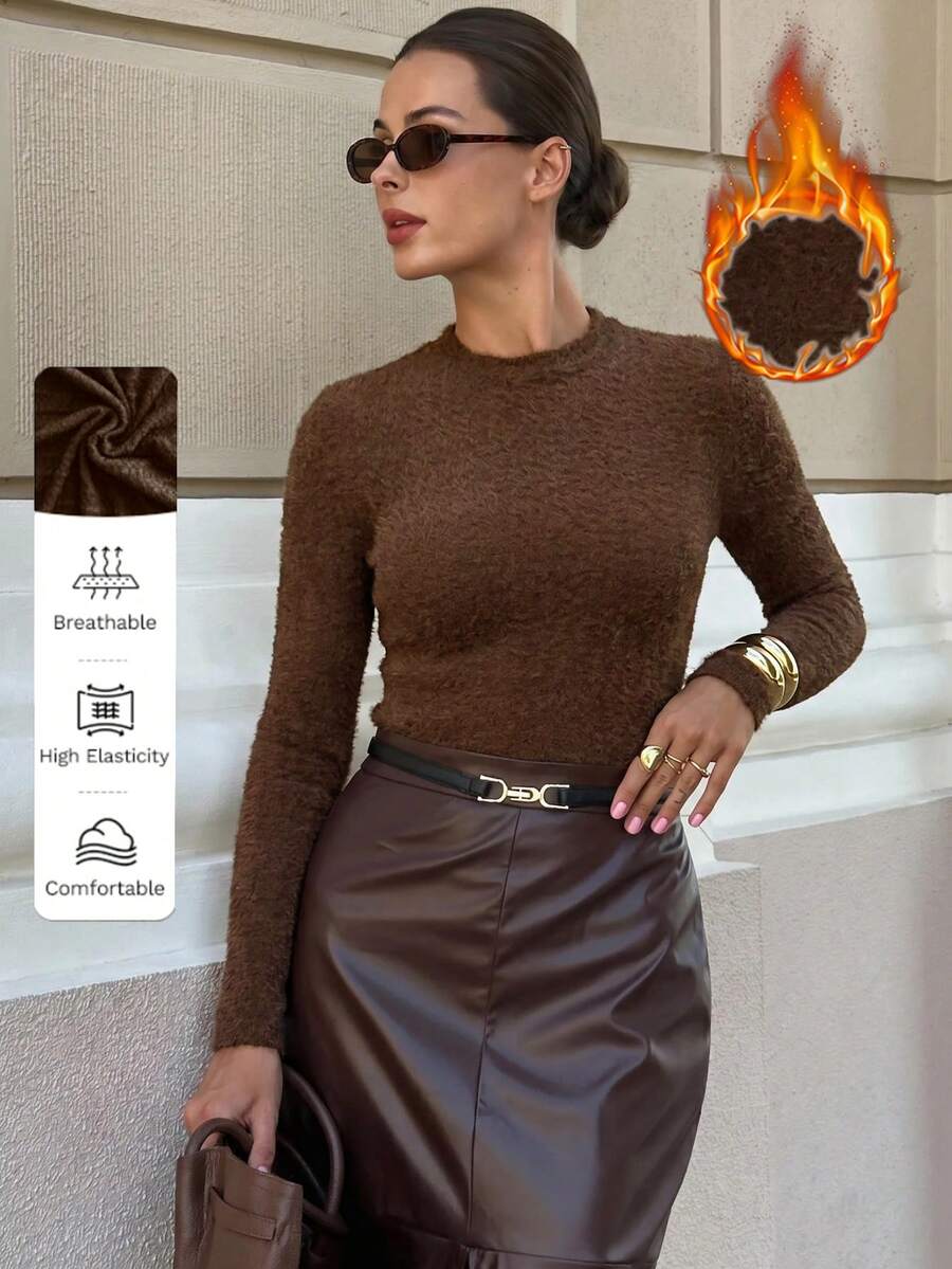 Lavishia 女款優雅毛絨針織長袖T恤 - 棕色 - 查看 1
