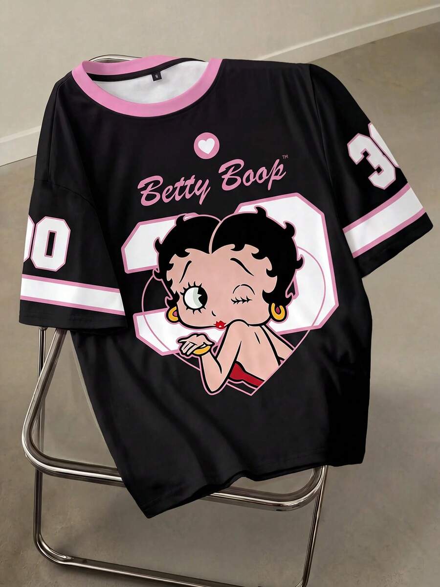 Betty Boop x SHEIN Kaos Wanita Lengan Pendek Leher Bulat dengan Motif Huruf & Karakter Kartun - Putih - View 1