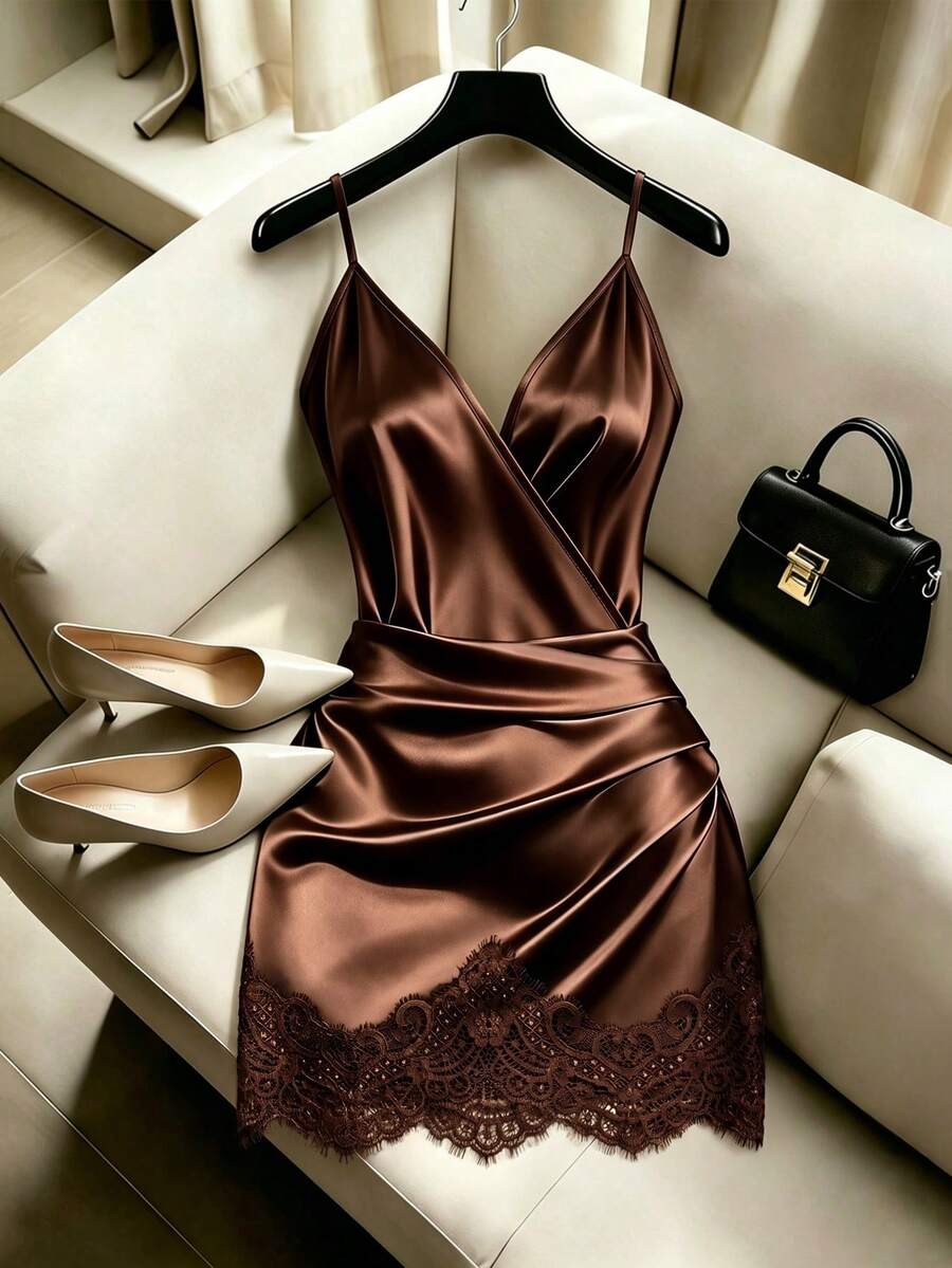 SHEIN Franclia 女款棕色腰部打褶蕾絲拼接細肩帶洋裝,度假穿搭,女款度假洋裝,優雅派對洋裝,海灘穿搭 - 棕色 - 查看 1