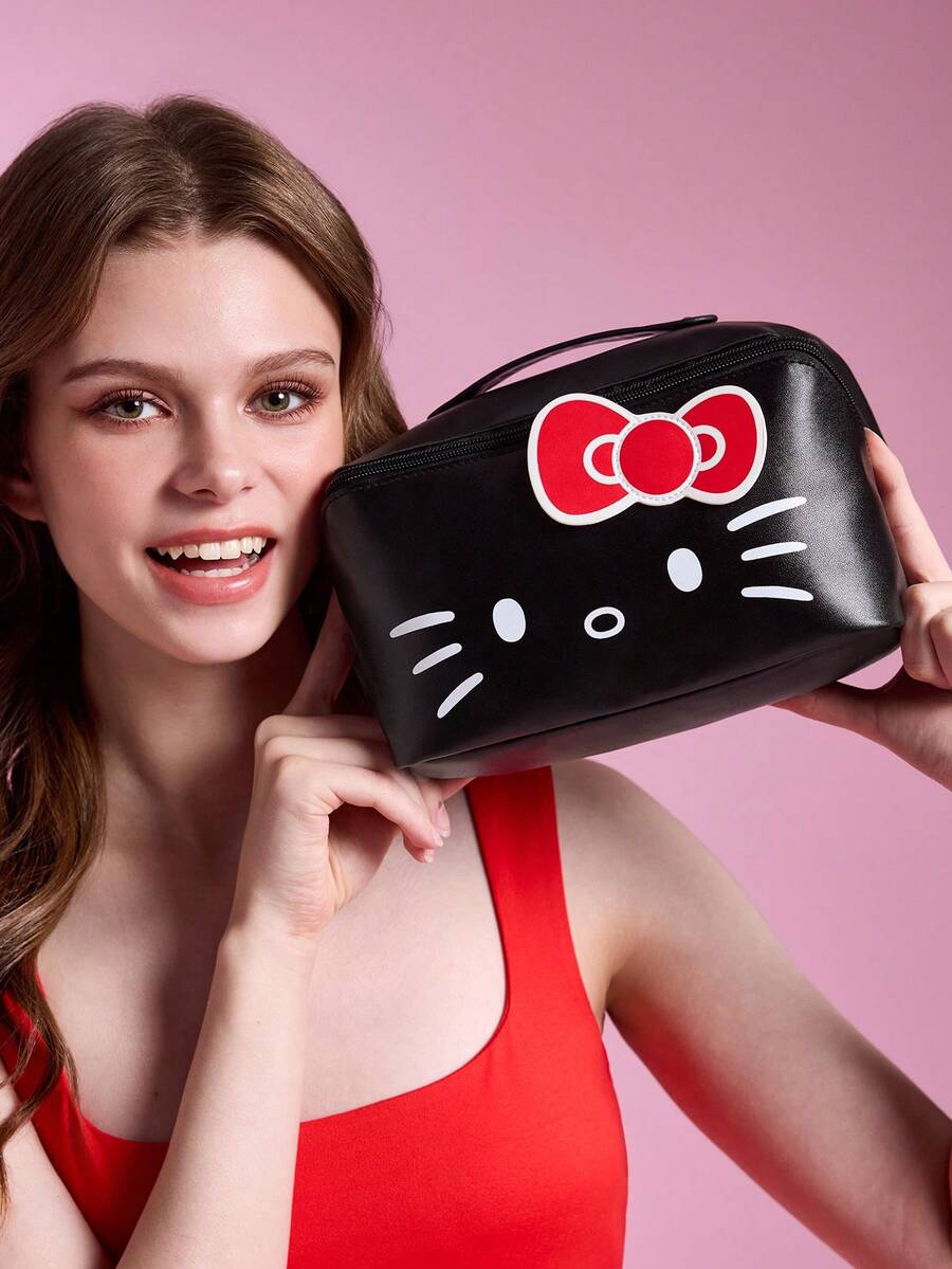 HELLO KITTY AND FRIENDS | SHEIN 1個大容量PU皮革化妝包,3D蝴蝶結裝飾便攜式盥洗用品收納袋,可愛化妝收納包,適合女性與女孩 - 彩色 - 查看 1