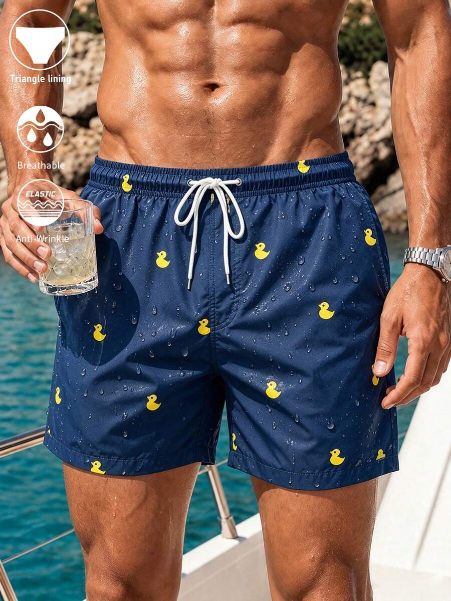Manfinity Swimmode شورت رجالي للصيف مطبوع عليه بطة كرتونية، خصر بسحاب، ملابس سباحة للرجال، ملابس شاطئ للرجال، سراويل سباحة للرجال، بدلة سباحة للرجال، شورت شاطئ للرجال، عطلة - أزرق بحري - مشاهدة 1