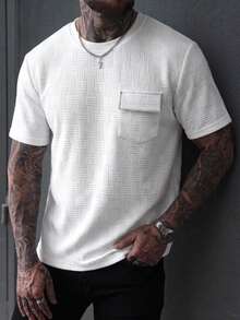 EGENSIO Men's Knitted Jacquard Solid Color Textured Collar Ribbed Cuff Pocket With Embroidered Lip T-Shirt - White - View 3