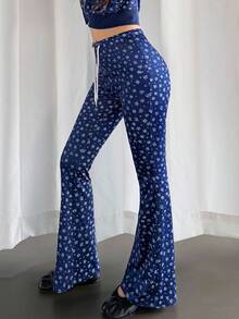 K-Vae Celana Panjang Wanita Biru Tua Motif Bunga Kecil dengan Tali Serut, Model Bell Bottom Kasual yang Melangsingkan, Gaya Baru yang Serbaguna - MultiWarna - View 2
