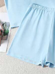 SHEIN 青少年女孩 2件組短袖圓領夏季粉色休閒迷你套裝，適合海灘、穿搭、演唱會，修身時尚，內含緊身褲，健身瑜伽 Y2K 風格 - 淺藍色 - 查看 5