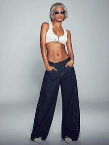 Normani Women's Fashion Studded Button Pocket Loose Fit Denim Jeans Fall Teacher Nightout Pants Navy Blue Y2k Casual - Dark Wash - View 3