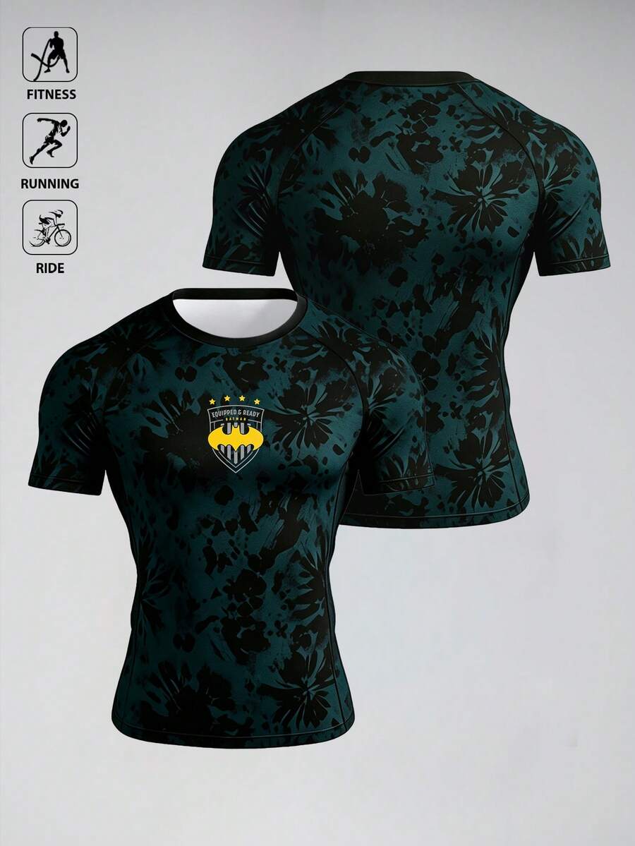 BATMAN X SHEIN 男士字母與星星印花插肩袖短袖運動T恤 - 彩色 - 查看 1