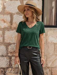 EMERY ROSE Camiseta de mujer de manga corta raglán de punto con parches de encaje de mariposa, calada y con cuentas, sin espalda, para primavera/verano - Verde Oscuro - Ver 3