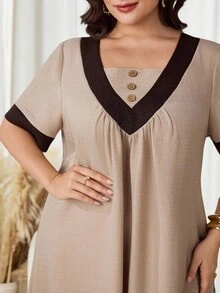 Al Najma Plus Size Women's Contrast Color Button Design Short Sleeve Arabic Style Hijab Modest Dress Egypt Holiday Evening Morocco Holiday Wedding Beige Summer - Khaki - View 8
