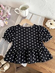 SHEIN LMoss Kids 少女休閒圓領短袖波點梭織套頭上衣 - 黑色 - 查看 2