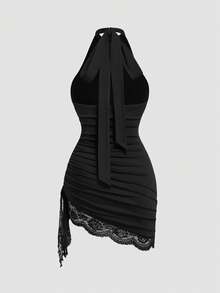 Sweetra Plus Size Women's Lace Patchwork Pleated Fashion Date Halter Neck Dress - Black - View 2