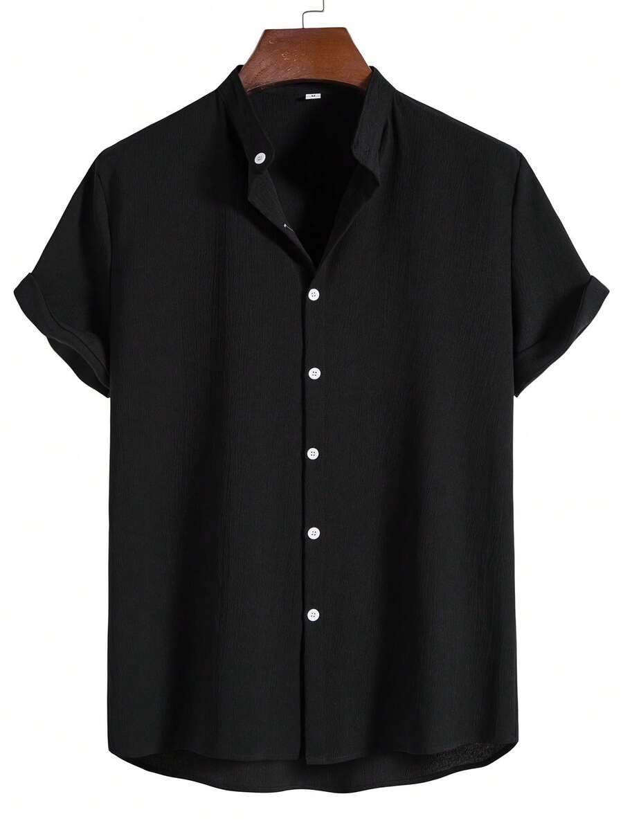 Manfinity Homme Men's Solid Color Single-Breasted Casual Short Sleeve Shirt - Black - View 1