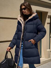 EURMUSE 2-Tone Hooded Zip-Up Pockets Mid-Length Padded Coat - Navy Blue - View 7