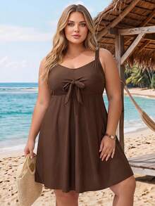 SHEIN CURVE+ Set Bikini Tank Top 2 Potong Motif Polkadot Seksi Terbaru Musim Panas 2026 untuk Pantai, Menutupi Perut, Cocok untuk Liburan Pantai - Coffee Brown - View 5