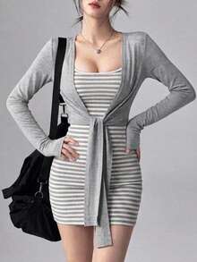 DAZY Summer Autumn Grey Slim Fit Striped Cami Dress Tie-Up Cardigan 2 Pieces Set Women's Sporty Casual Modest Loungewear Outfit Korean Style Y2K Gym - Grey - View 13
