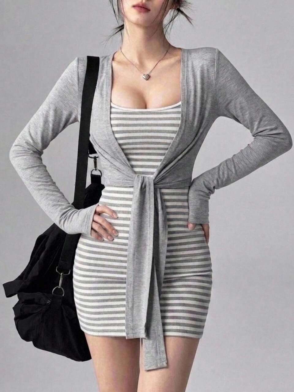 Summer Autumn Grey Slim Fit Striped Cami Dress Tie-Up Cardigan 2 Pieces Set, Women's Slim Fit Sporty Casual Modest Loungewear Outfit ,Korean Style Y2K