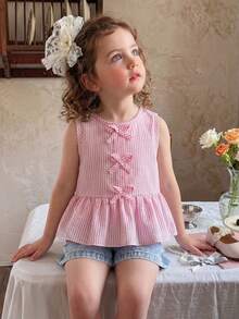 SHEIN Young Girls' Round Neck Sleeveless Ruffle Bow Decor Summer T-Shirt Set - Pink - View 1