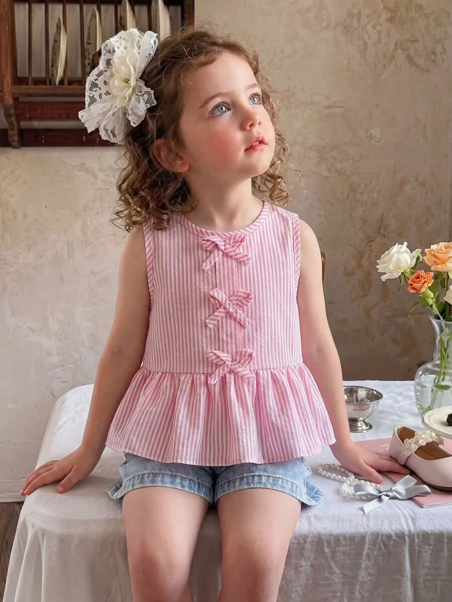 SHEIN Young Girls' Round Neck Sleeveless Ruffle Bow Decor Summer T-Shirt Set - Pink - View 1
