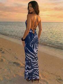 Tropical Leopard Print Backless Dress For Vacation Vacation Beach Pink Zebra Print Summer - Navy Blue - View 3