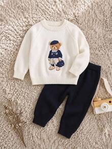 Young Boy Cartoon Bear Kids Pattern Knitted Soft Crew Neck Long Sleeve Pullover Sweater And Elastic Waist Long Autumn Pants 2-Piece Set - Multicolor - View 7