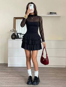 SHEIN EZwear Women's Romantic Elegant Goth Sexy Lace Ruffle Multi-Layer Hemline Dress Club Night Party Black Floral Autumn Halloween - Black - View 8
