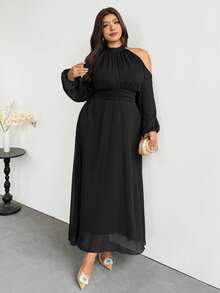 Firerie Plus Size Elegant Solid Color Cold Shoulder Halter Neck Dress Fall - Black - View 7