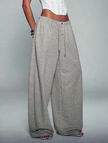 Normani Women's Versatile Button Drawstring Waist Loose Casual Sweatpants - Grey - View 4