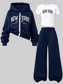 SHEIN 青少年女孩外套服裝套裝 返校季 秋冬 Y2K 冬季衣著 - 藏蓝色 - 查看 3