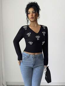 SHEIN Elenzya Sweater Rajut Motif Pita dan Manik-manik Musim Gugur/Dingin - Hitam - View 3