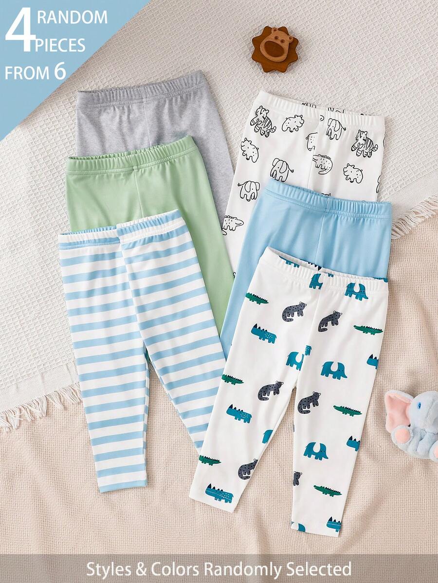 SHEIN Playful Pals 4pcs]Unisex Baby Striped Blue Green White Gray Solid Color Dinosaur Pattern Print Long Pants Multi-Piece Set Daily Wear Discount Pack - Multicolor - View 1