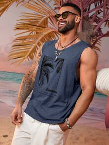 EASEVO Plus Size Men's Summer Vacation Palm Tree Printed Loose Fit Knit Casual Tank Top, Father's Day Gifts - Blue - View 5