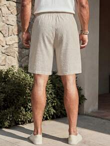 HIMLAND Plus Size Men's Beige Drawstring Waist Casual Tropical Shorts, Vacation, Father's Day Gifts Vacation Summer - Apricot - View 2