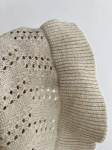 Elamini Sweet Style Ruffle Trim Knit Cardigan, Early Autumn Hollow Out Lace-Up Sweater Jacket, Solid Color V-Neck Versatile Top - Cream - View 6