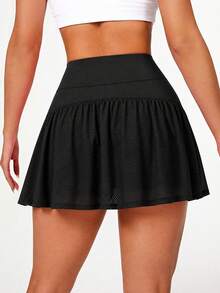SHEIN Sports Women's Casual, Loose-Fit Athletic Skirt; Black; Regular Waist; Mesh Paneling; Features Built-In Shorts And Pockets. - Black - View 4