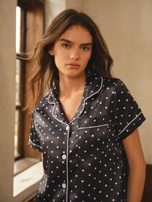 Bisouelle Polka Dot Print Casual Versatile Short Sleeve Shirt And Shorts Button Set - Black and White - View 4
